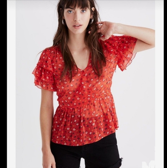 MADEWELL Tiered Sleeved Red Peplum Top In Metallic Prairie Posies NEW - Picture 5 of 9